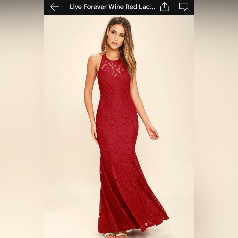 Live Forever Wine Red Lace Maxi Dress (worn once, wedding guest)